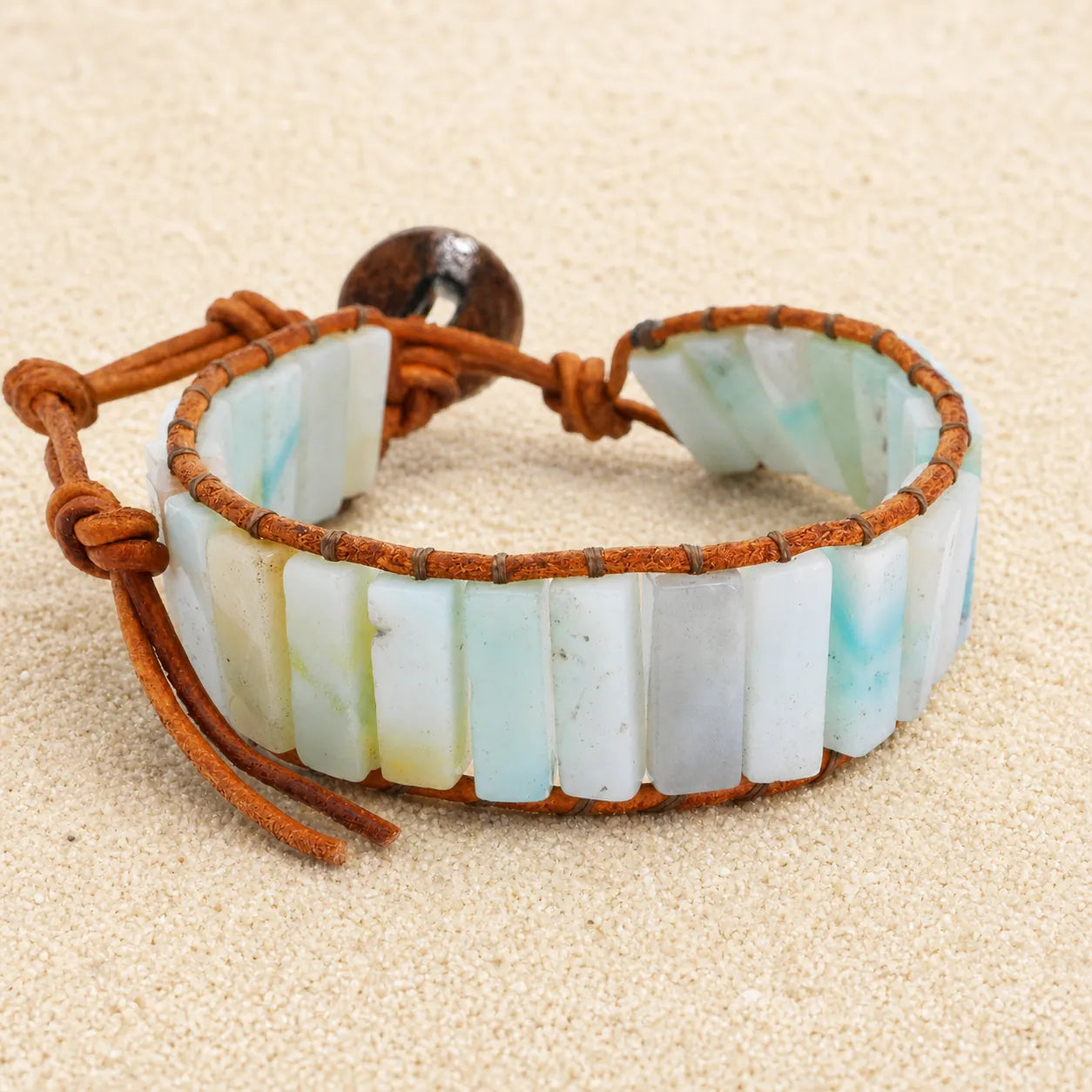 Amazonite & Leather Bracelet on light sand