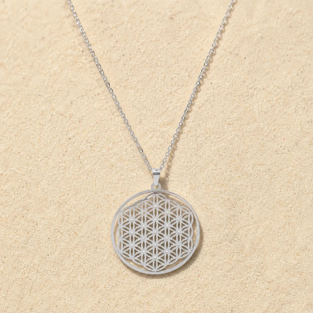 Flower of Life Necklace Silver on light sand
