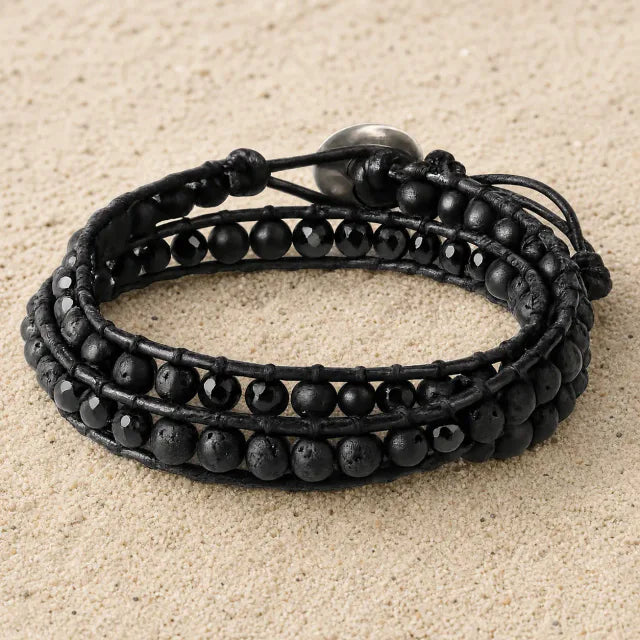 Schwarzes Wickelarmband mit Lavastein & Achat
