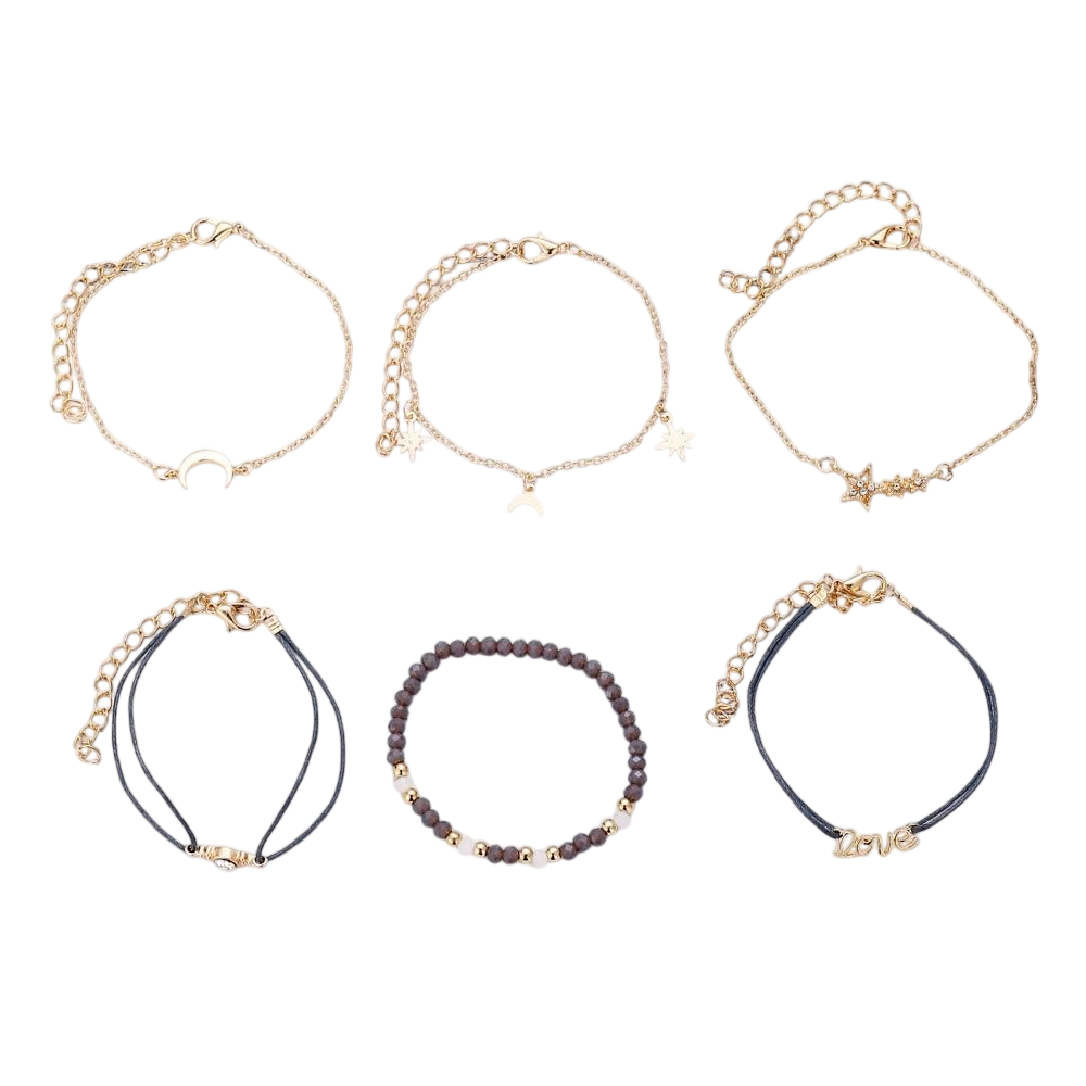 Boho Armband Set Grau Gold 6-teilig