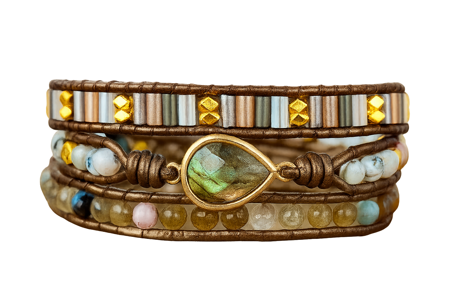 Labradorit Wickelarmband – Handgefertigt aus Naturstein (Gold-Akzente)