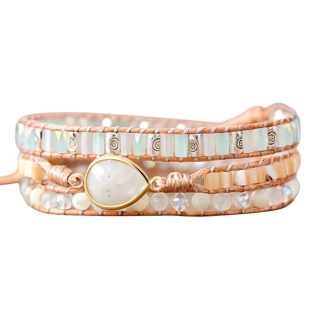 Wickelarmband mit weißem Tropfenstein – Handgefertigt aus Naturstein