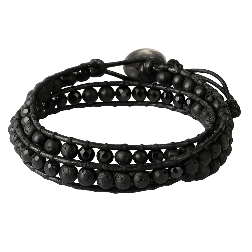 Schwarzes Wickelarmband mit Lavastein & Achat