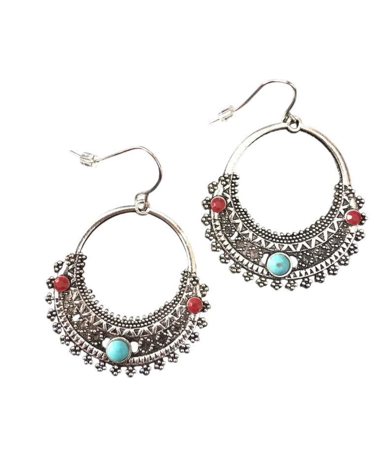 Ethno Statement Ohrringe Silber mit Türkis & Rot