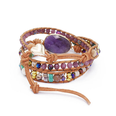 Amethyst Wickelarmband mit Latursteinen & Lederband