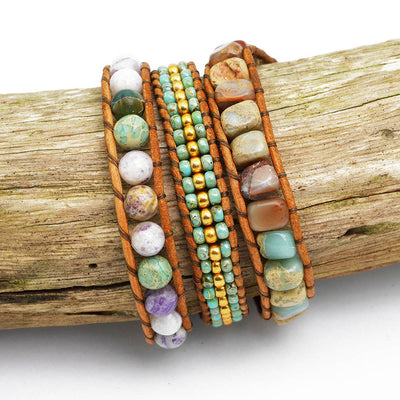 Leder Naturstein Wickelarmband