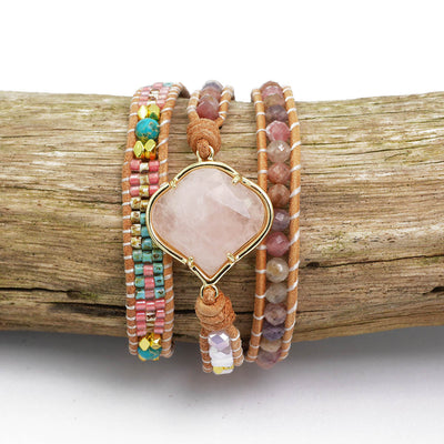 Rosenquarz Naturstein Wickelarmband mit Lederband