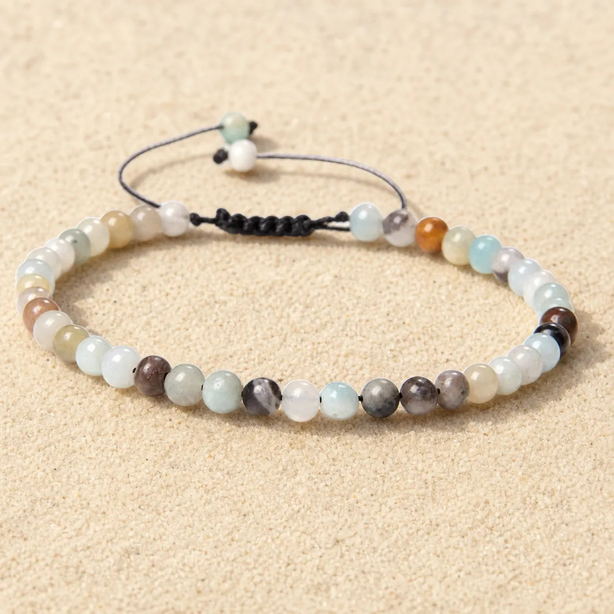 Amazonite Boho Armband – Verstellbar, Handgemacht on light sand