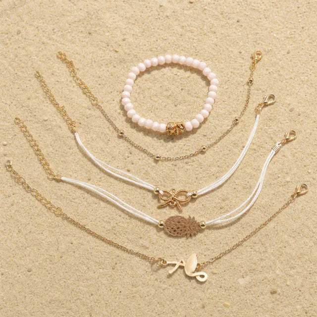 Boho Armband Set Weiß Gold 6-teilig