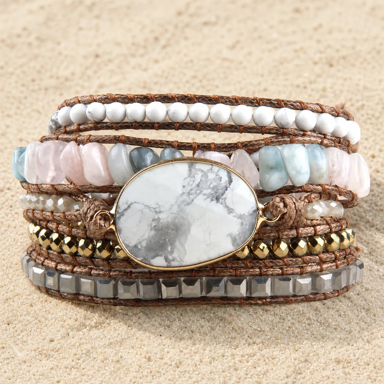 Boho Naturstein Wrap Armband 5-reihig Marmor Look on light sand