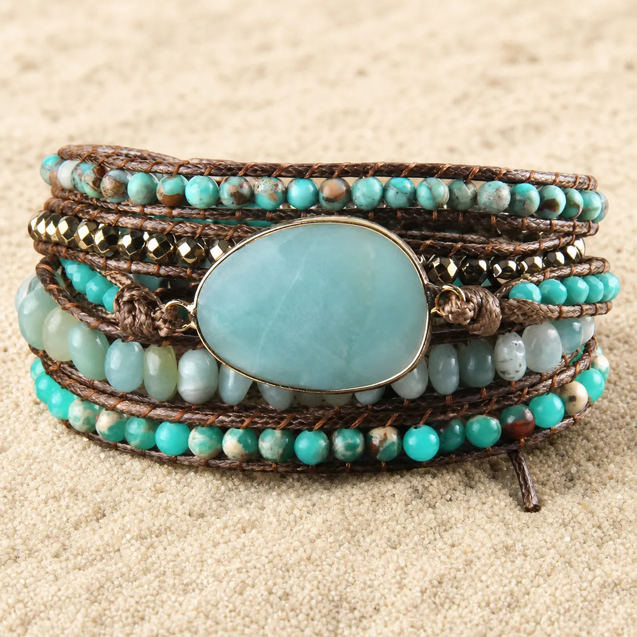Boho Naturstein Wrap Armband 5-reihig Türkis on light sand