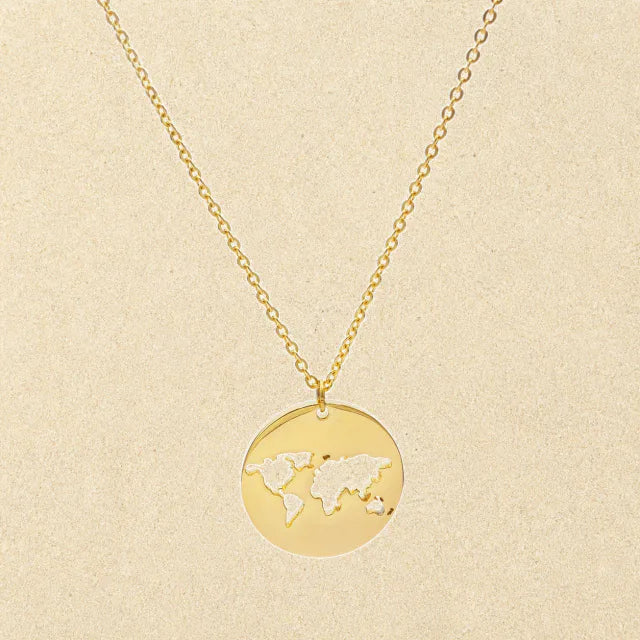 World Map Necklace Gold